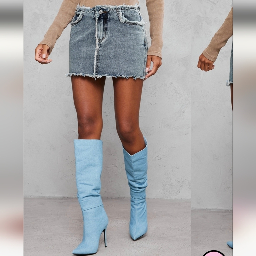 NWT PrettyLittleThing Frayed Detail Denim Skirt-Vintage Wash